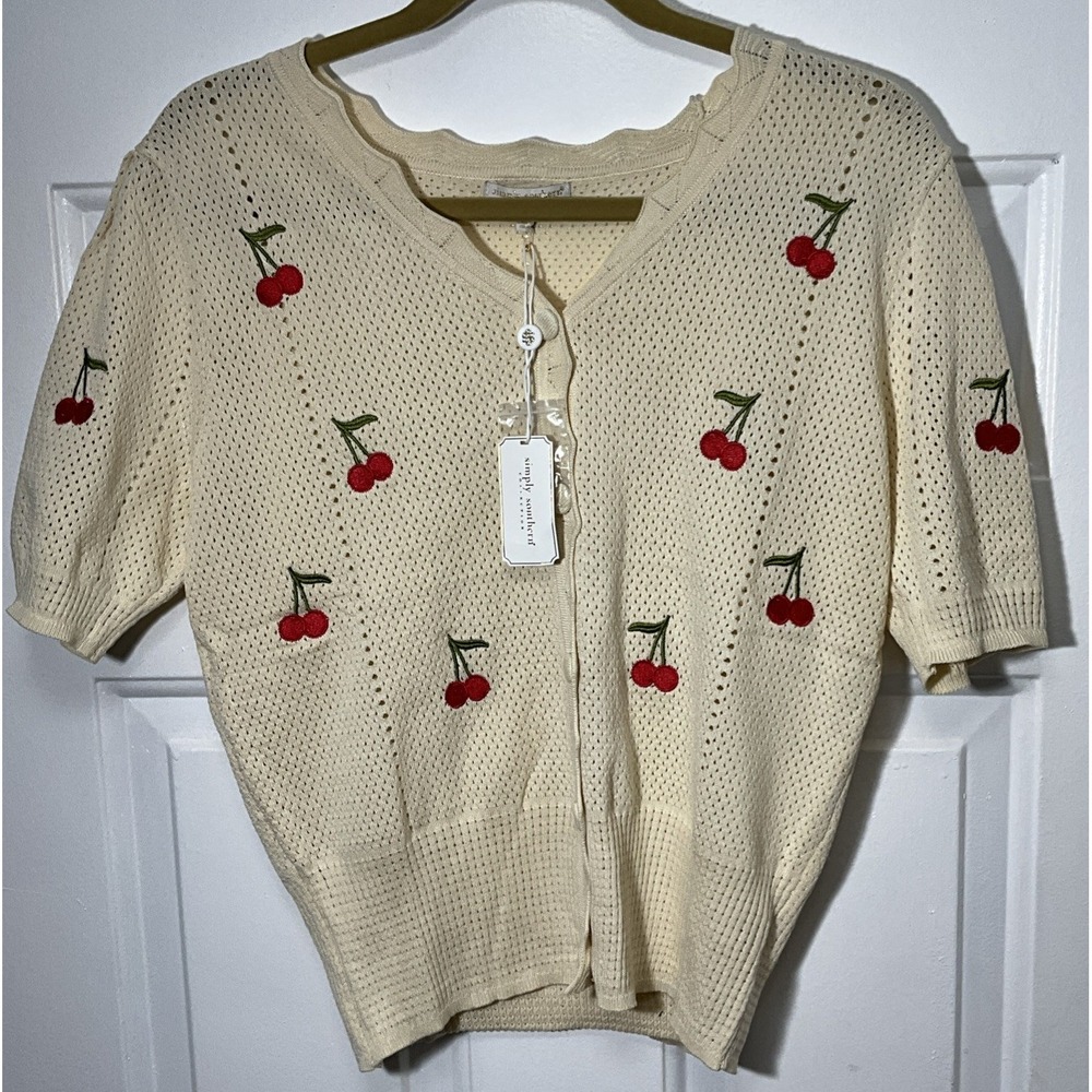 Simply Southern Cream/Beige Cherry Stem Embroidered Cardigan Women's XXL